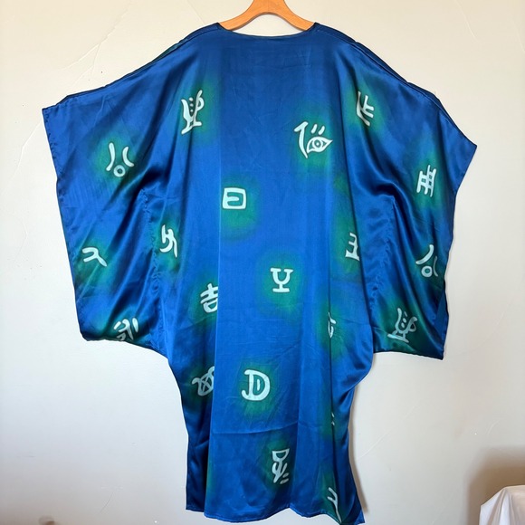 Kaftan Kimono Dress 100% Silk Blue Green Asian Symbols Oversized Maxi Dress - Picture 4 of 10